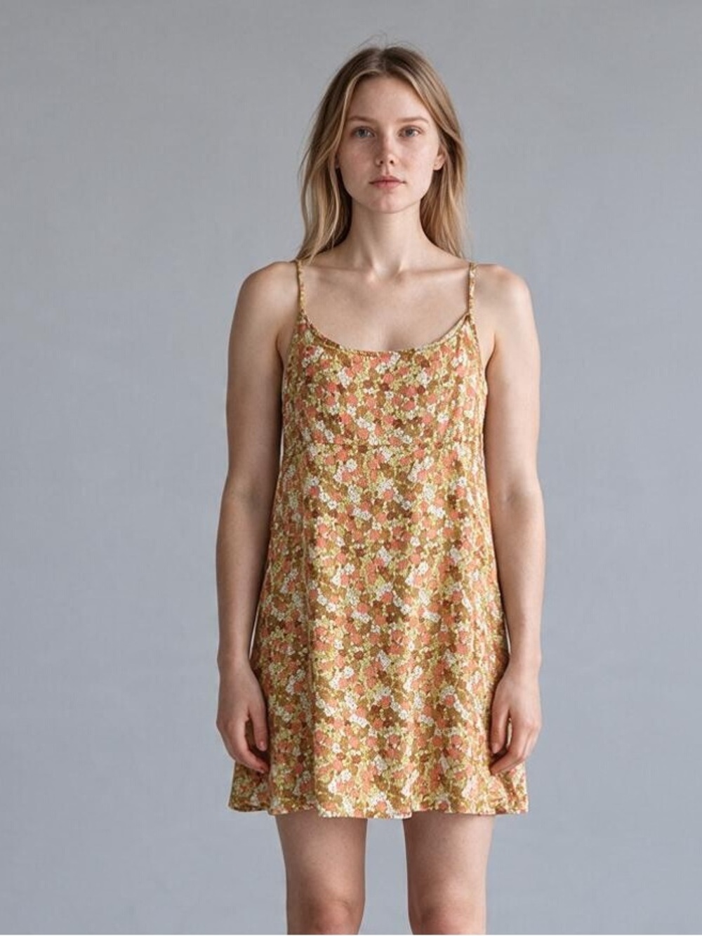 Volcom Mustard Floral Slip Dress Size XL Adjustable Straps Alter Back Summer Fun